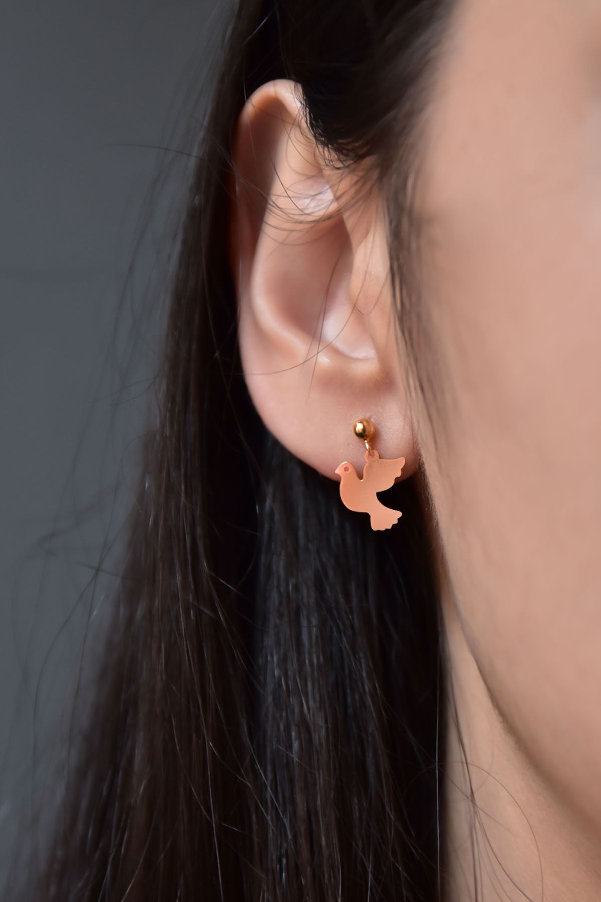 925 Ayar Gümüş Rose Kaplama Kuş Model Çivili Kadın Top Küpe