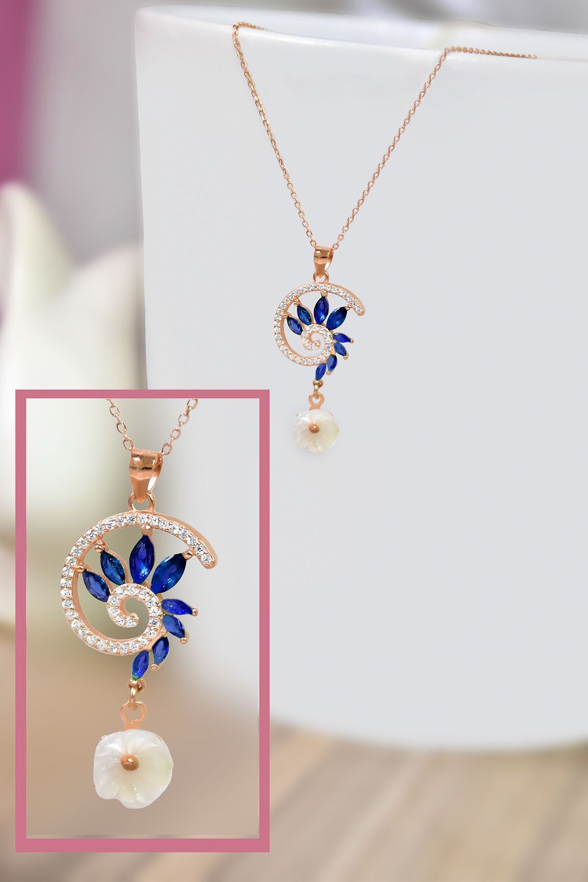925 Ayar Gümüş Rose Kaplama Lacivert Taşlı Tasarım Sedef Manolya Çiçeği Kolye