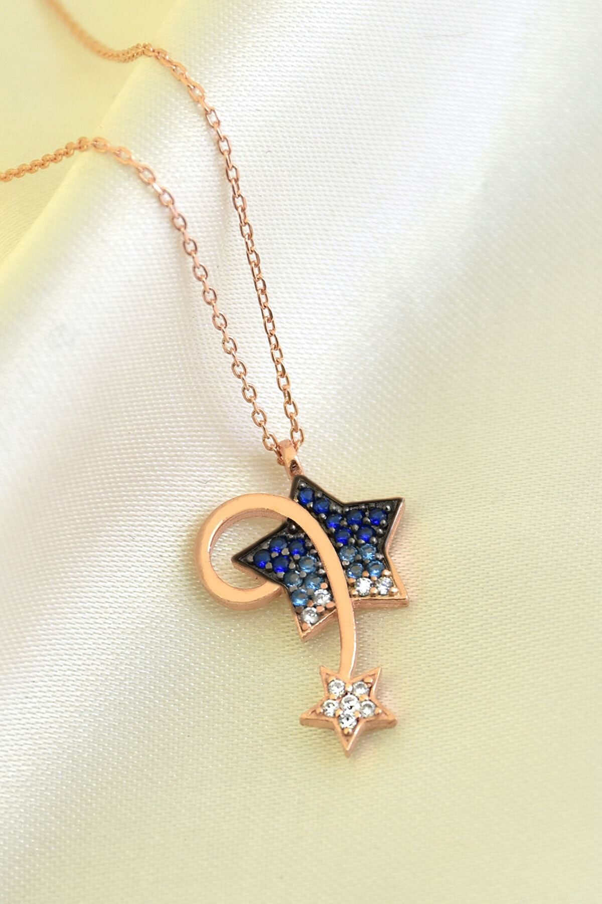 925 Ayar Gümüş Rose Kaplama Mavi Akışlı Kayan Yıldız Kolye