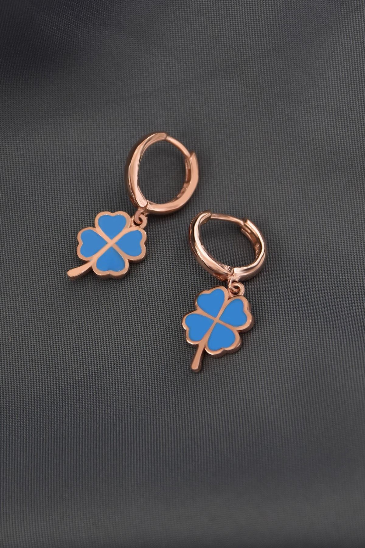 925 Ayar Gümüş Rose Kaplama Mavi Mineli Yonca Halka Küpe