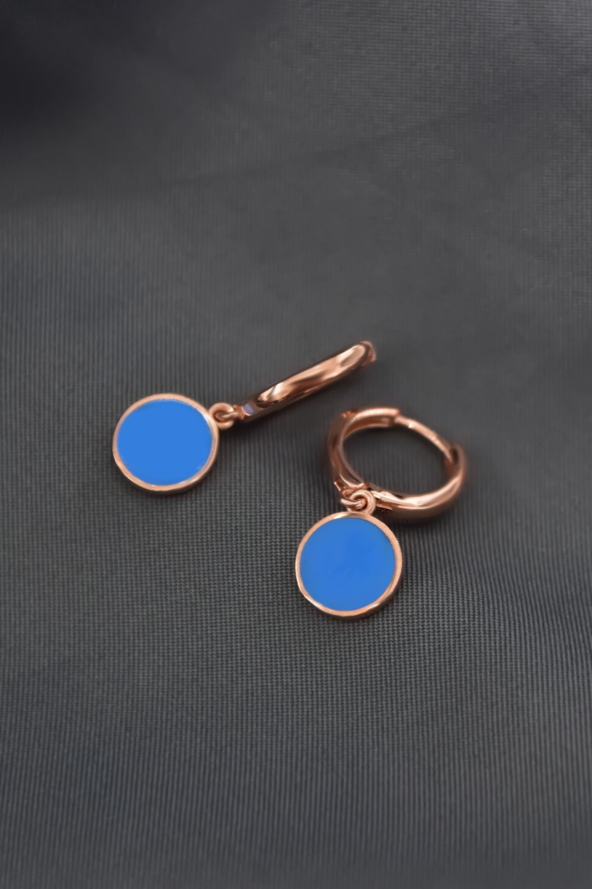 925 Ayar Gümüş Rose Kaplama Mavi Mineli Yuvarlak Halka Küpe