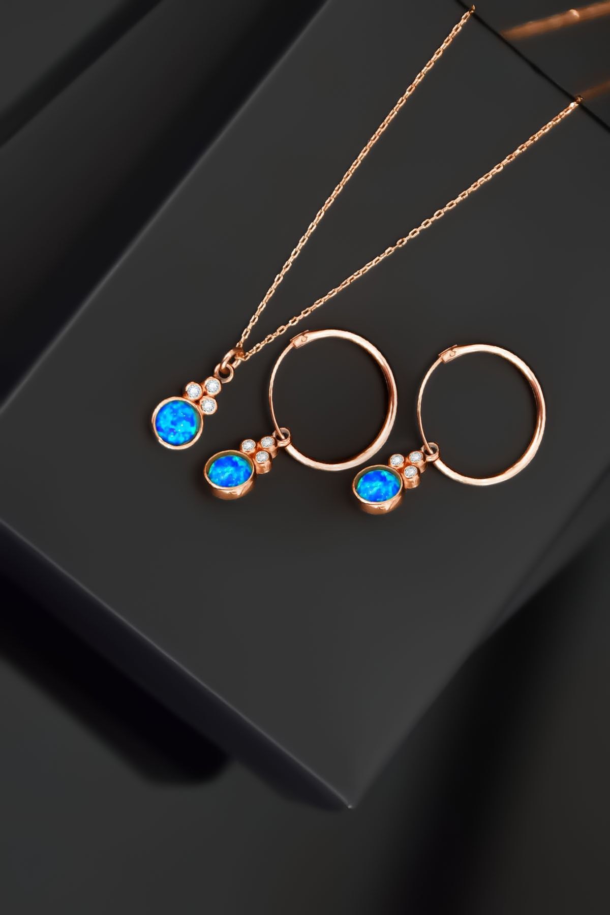 925 Ayar Gümüş Rose Kaplama Mavi Opal Yuvarlak Kolye Ve Çift Halka Küpe