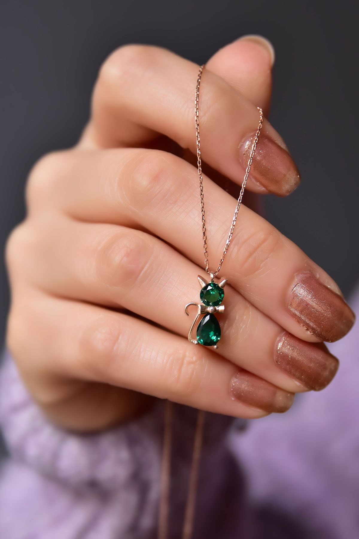 925 Ayar Gümüş Rose Kaplama Mayıs Ayı Doğum Taşlı Kedi Kolye