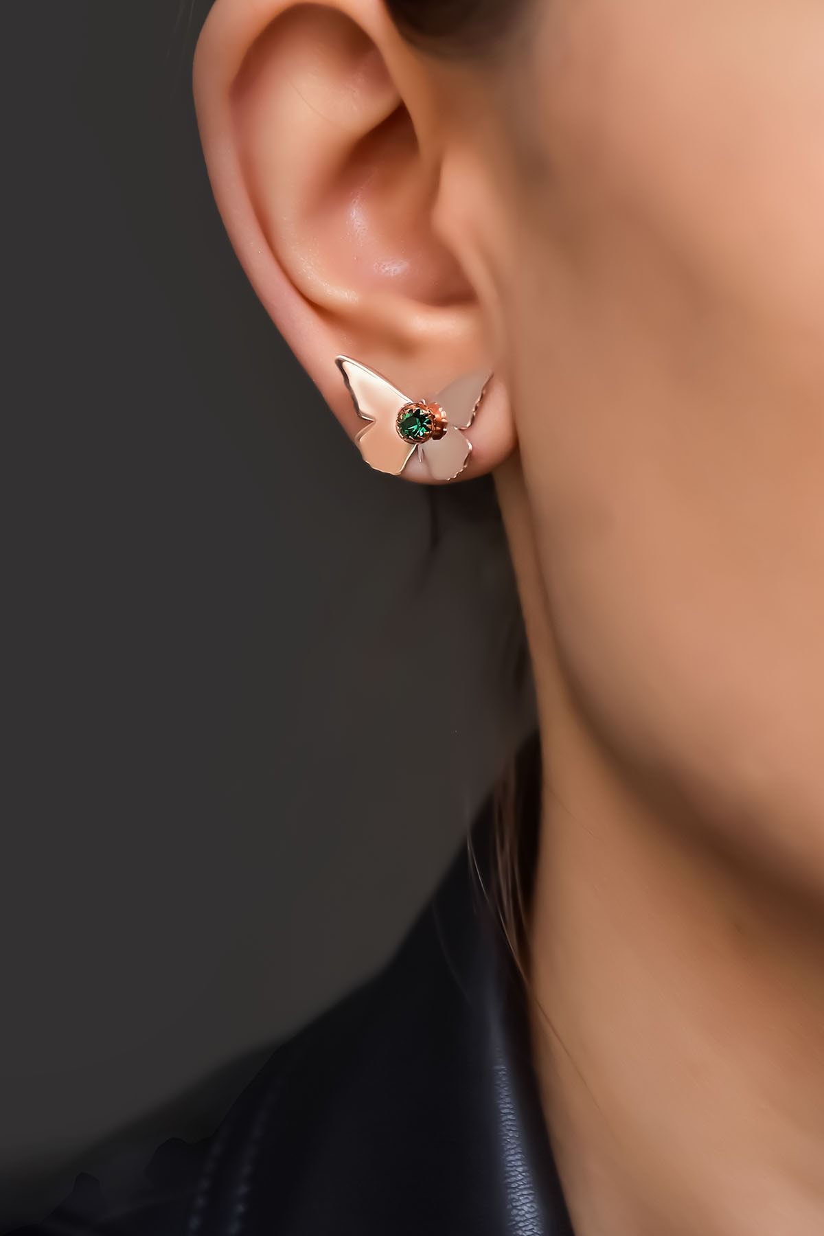 925 Ayar Gümüş Rose Kaplama Mayıs Ayı Doğum Taşlı Kelebek Küpe