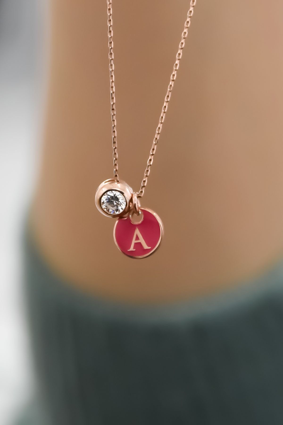 925 Ayar Gümüş Rose Kaplama Mineli A Harf Tektaş Kolye