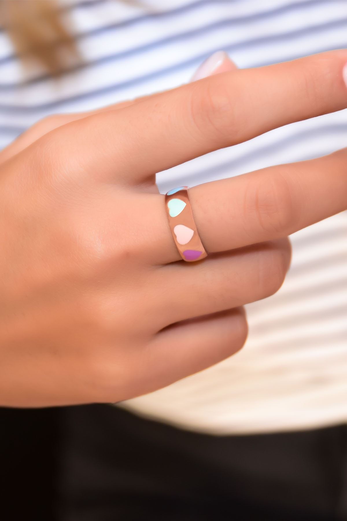 925 Ayar Gümüş Rose Kaplama Mineli Kalp Ayarlanabilir Bombeli Yüzük