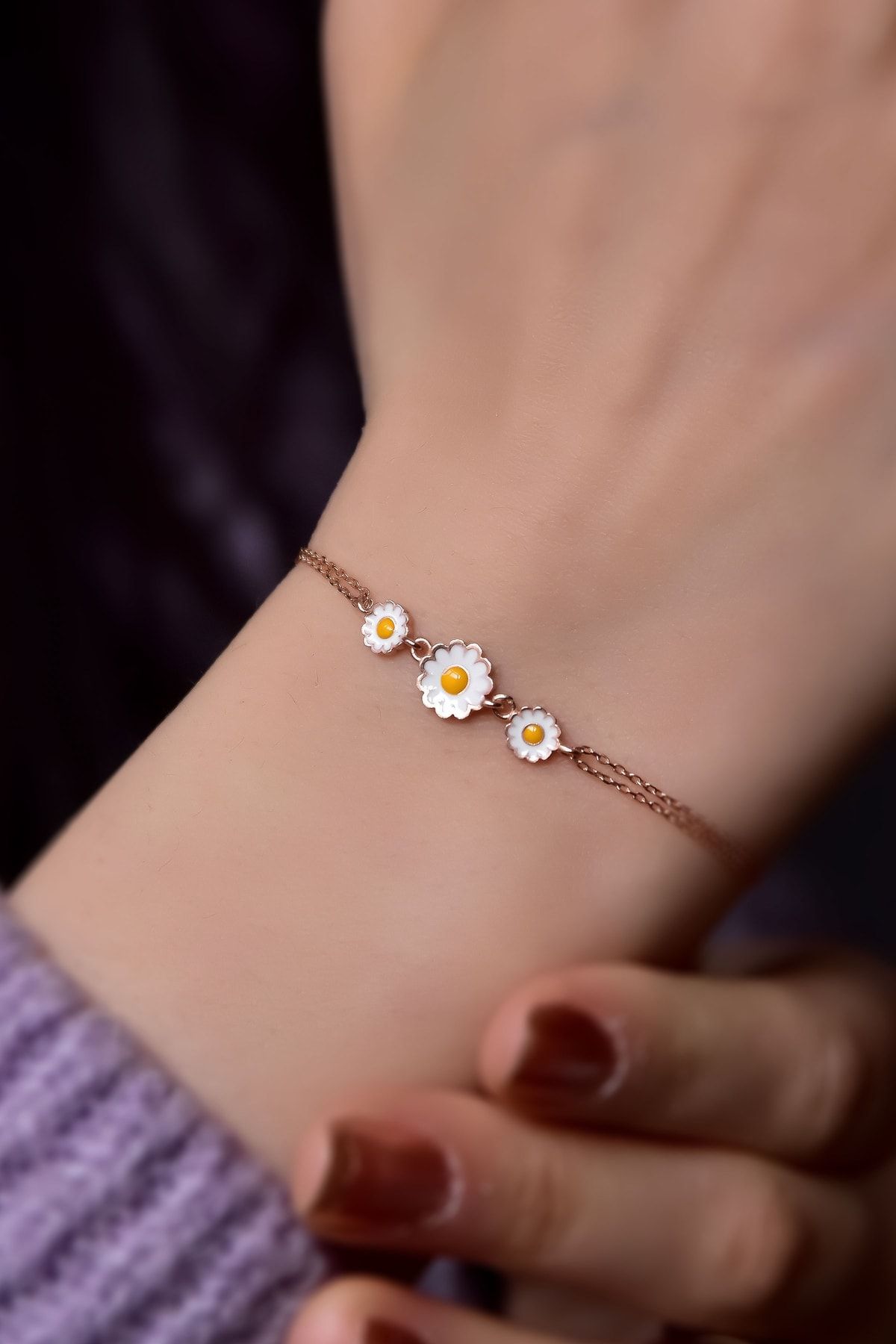 925 Ayar Gümüş Rose Kaplama Mineli Süzme Üç Papatya Bileklik