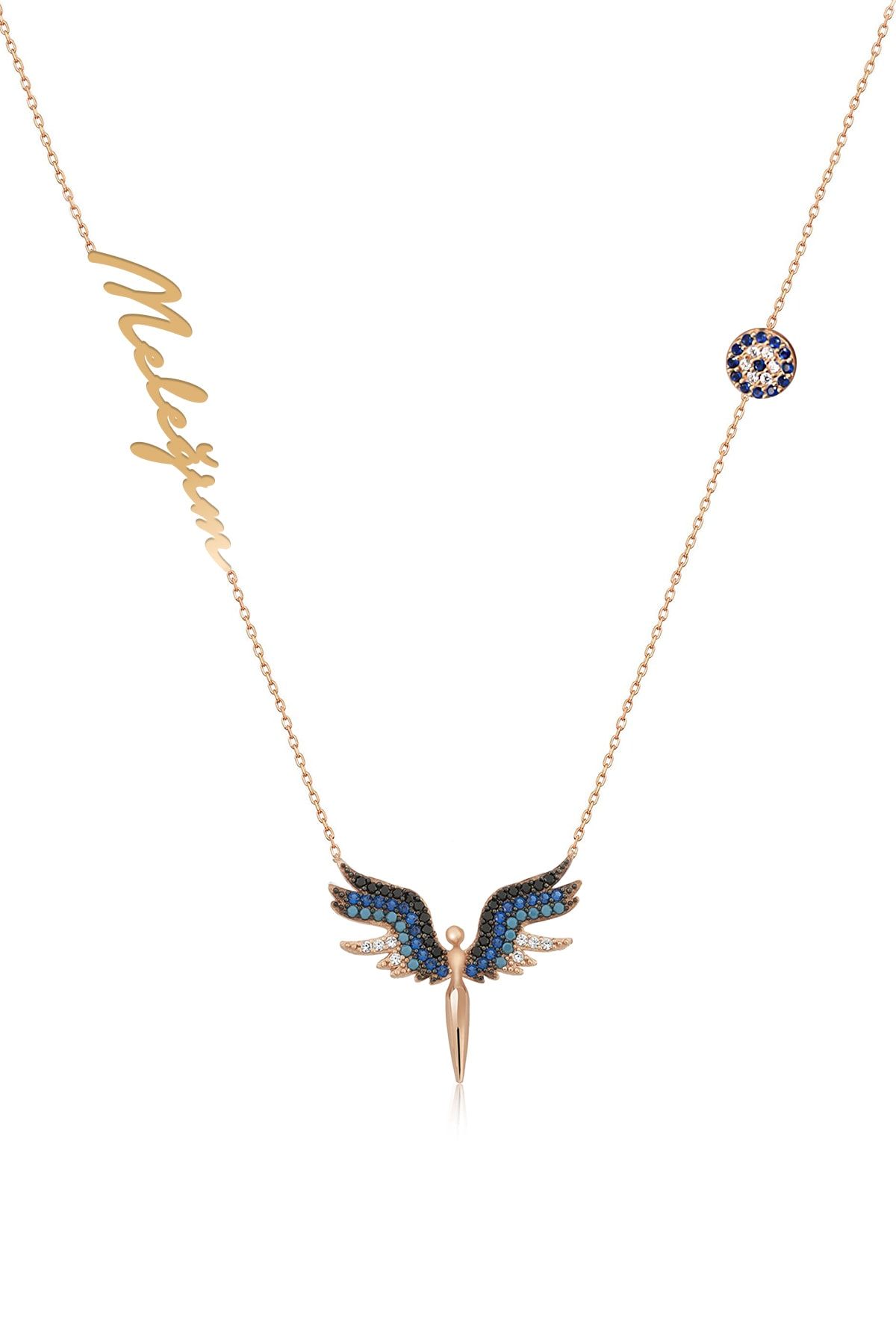 925 Ayar Gümüş Rose Kaplama Nazar Boncuklu Firuzetaşlı Mikail Meleği Isimli Kolye