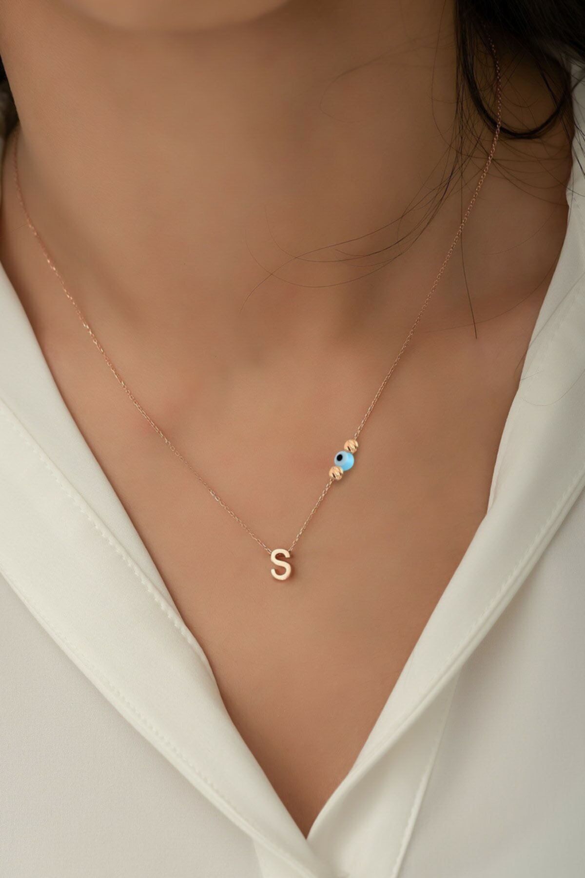 925 Ayar Gümüş Rose Kaplama Nazar Gözlü Dorika Toplu S Harf Kolye