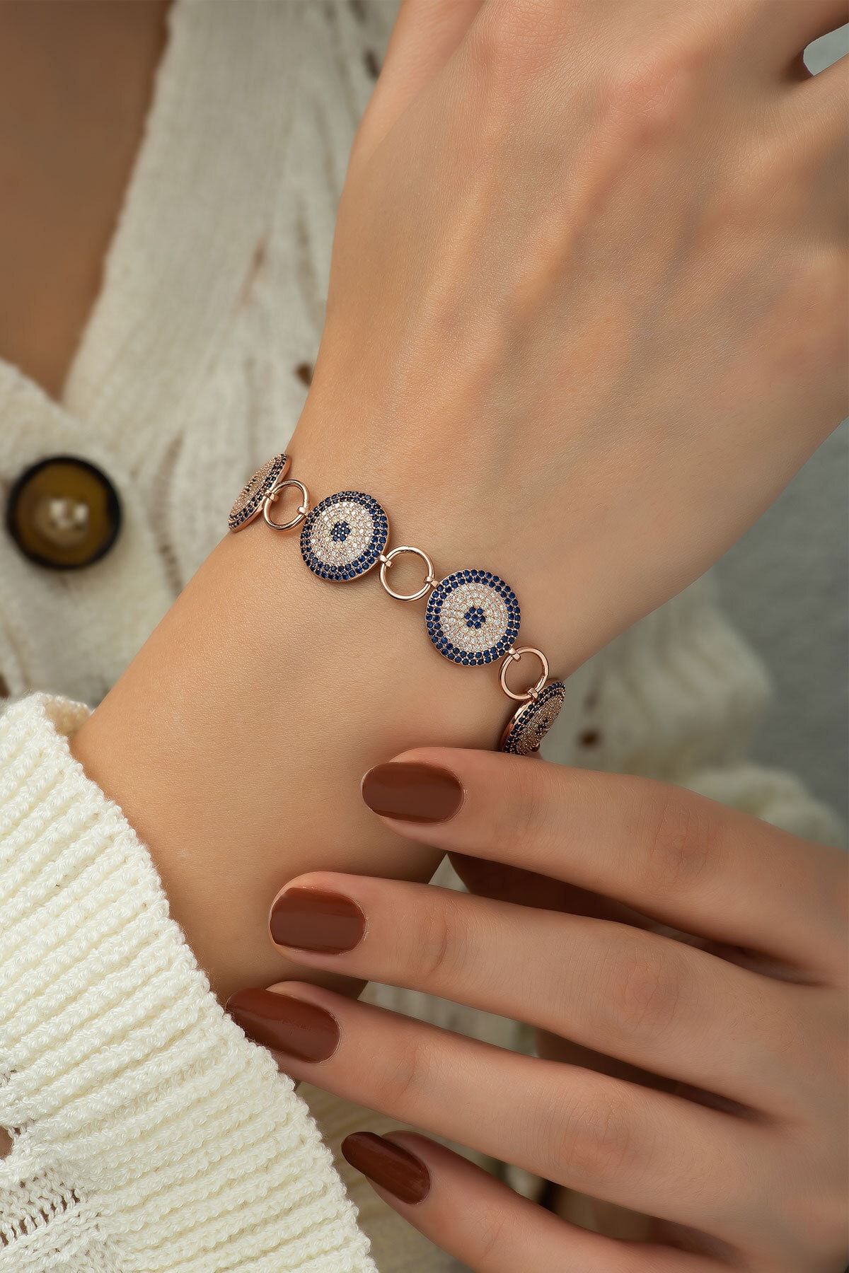 925 Ayar Gümüş Rose Kaplama Nazar Halka Bileklik