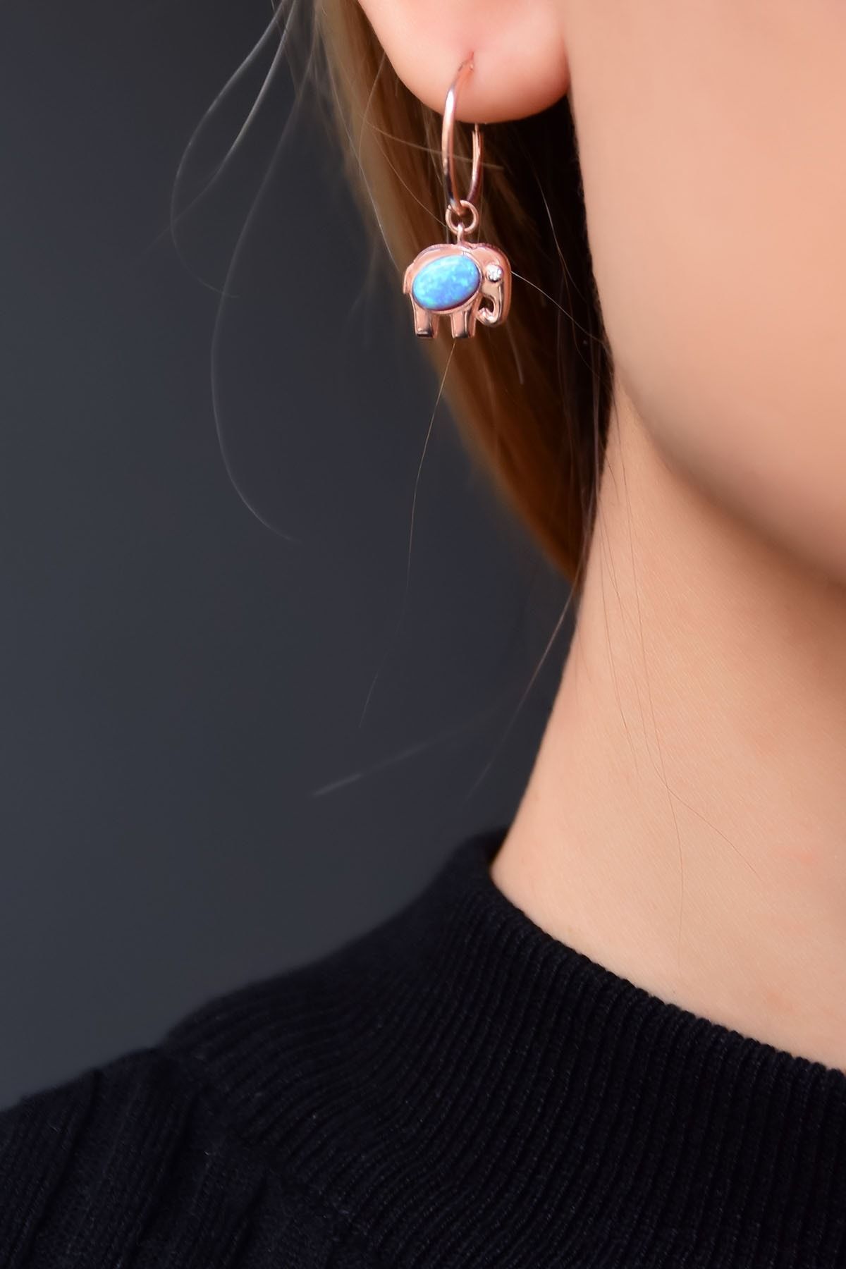 925 Ayar Gümüş Rose Kaplama Opal Taşlı Fil Halka Kadın Küpe