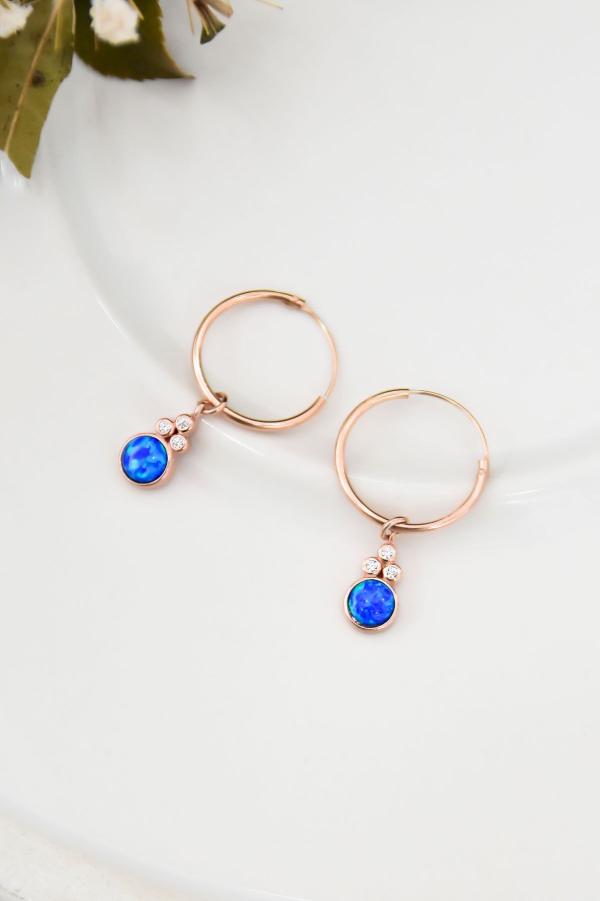 925 Ayar Gümüş Rose Kaplama Opal Taşlı Halka Küpe