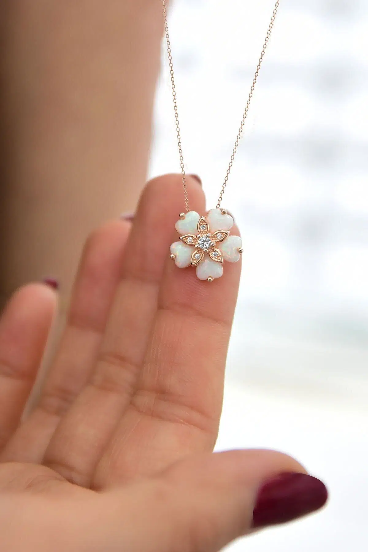 925 Ayar Gümüş Opal Taşlı Yasemin Çiçeği Kolye.rose.gold.rodaj
