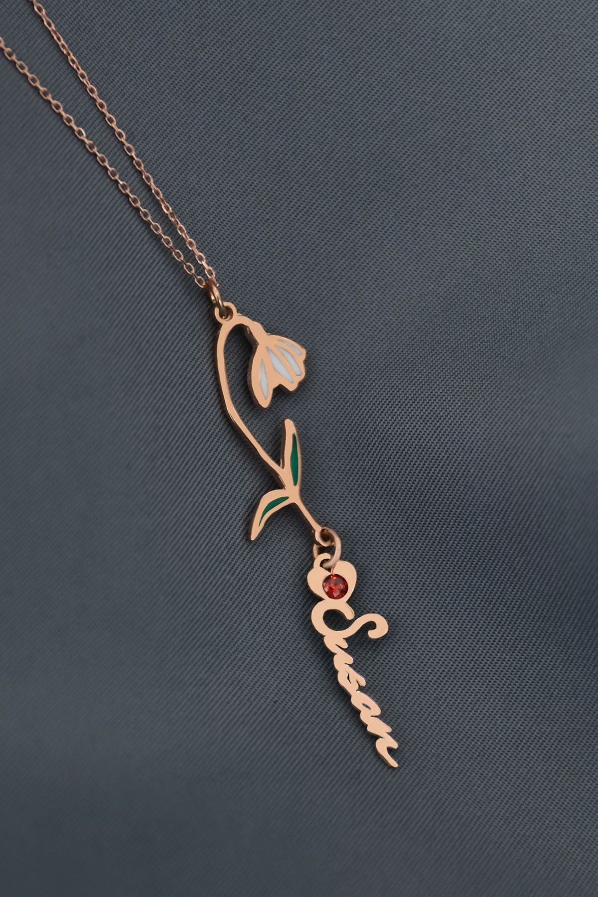 925 Ayar Gümüş Rose Kaplama Özel Tasarım Kalp Doğum Taşlı Mineli. Ocak Ayı Çiçeği,Ocak ayı Isim Kolye