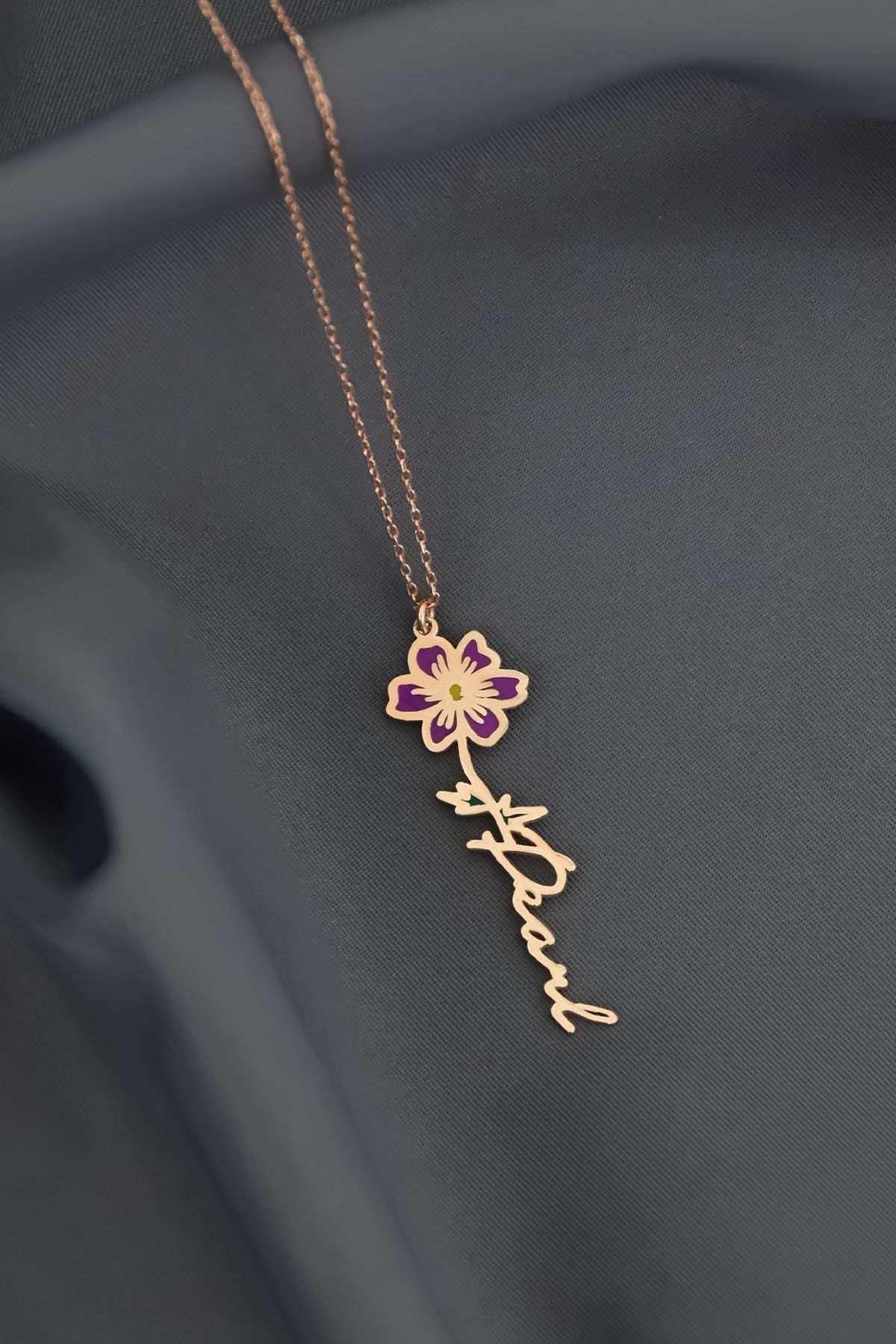 925 Ayar Gümüş Rose Kaplama Özel Tasarım Mineli Doğum Ekim Ayı Çiçeği, Isim Kolye