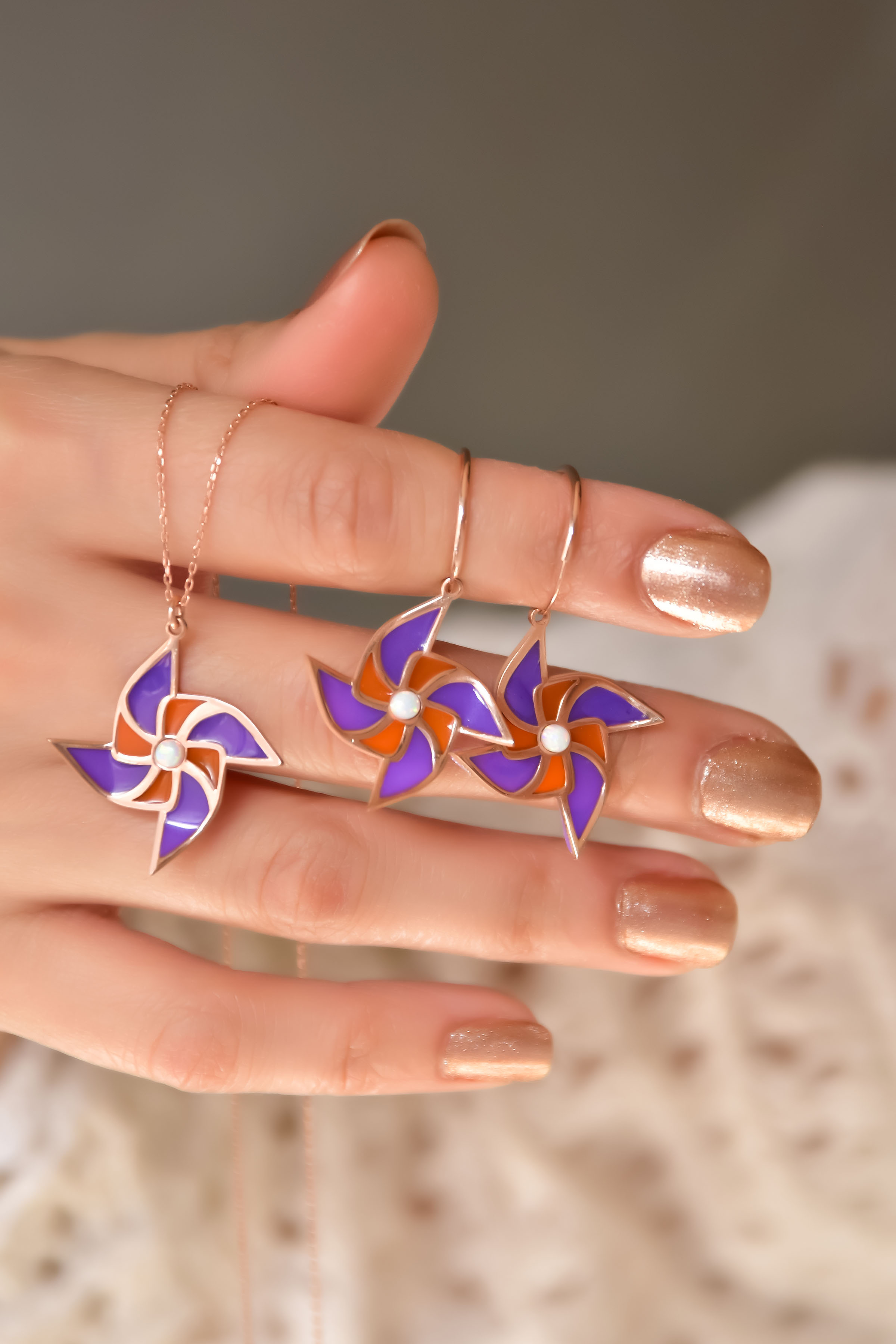 925 Ayar Gümüş Rose Kaplama Özel Tasarım Rüzgar Gülü Set