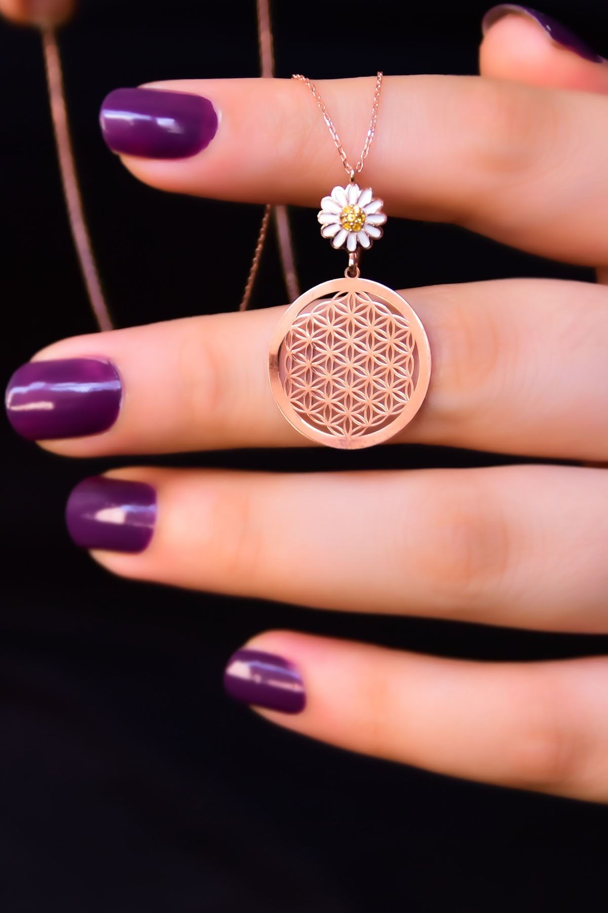 925 Ayar Gümüş Rose Kaplama Papatya Tepelikli Yaşam Çiçeği Kolye