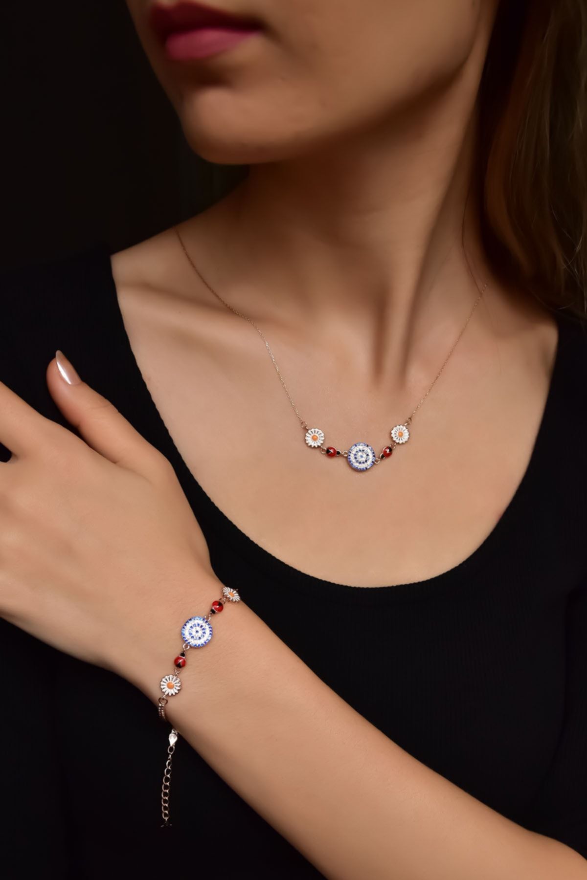 925 Ayar Gümüş Rose Kaplama Papatya Uğur Böceği Nazar Kolye Ve Bileklik Set