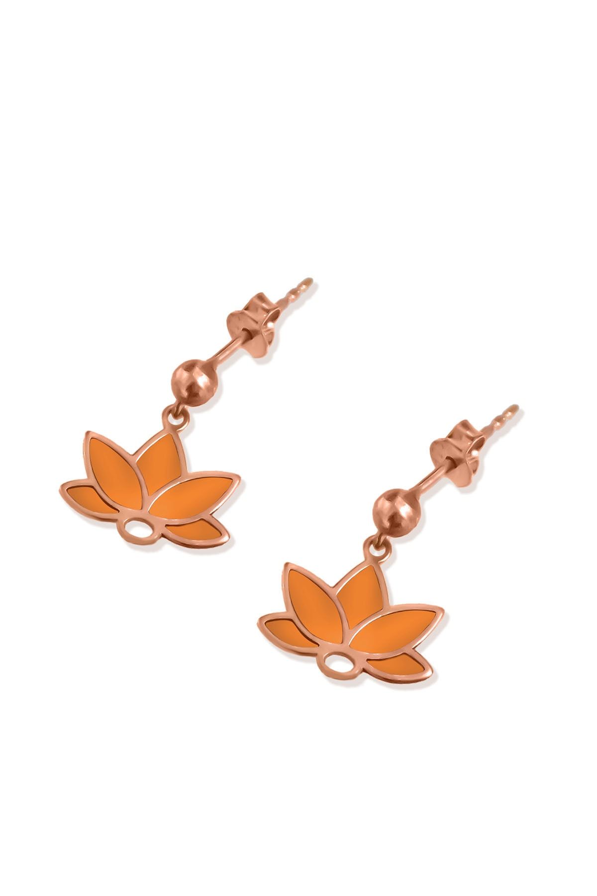 925 Ayar Gümüş Rose Kaplama Parlayan Rüya Serisi Tasarım Ebruli Cam Boyalı Turuncu Lotus Küpe