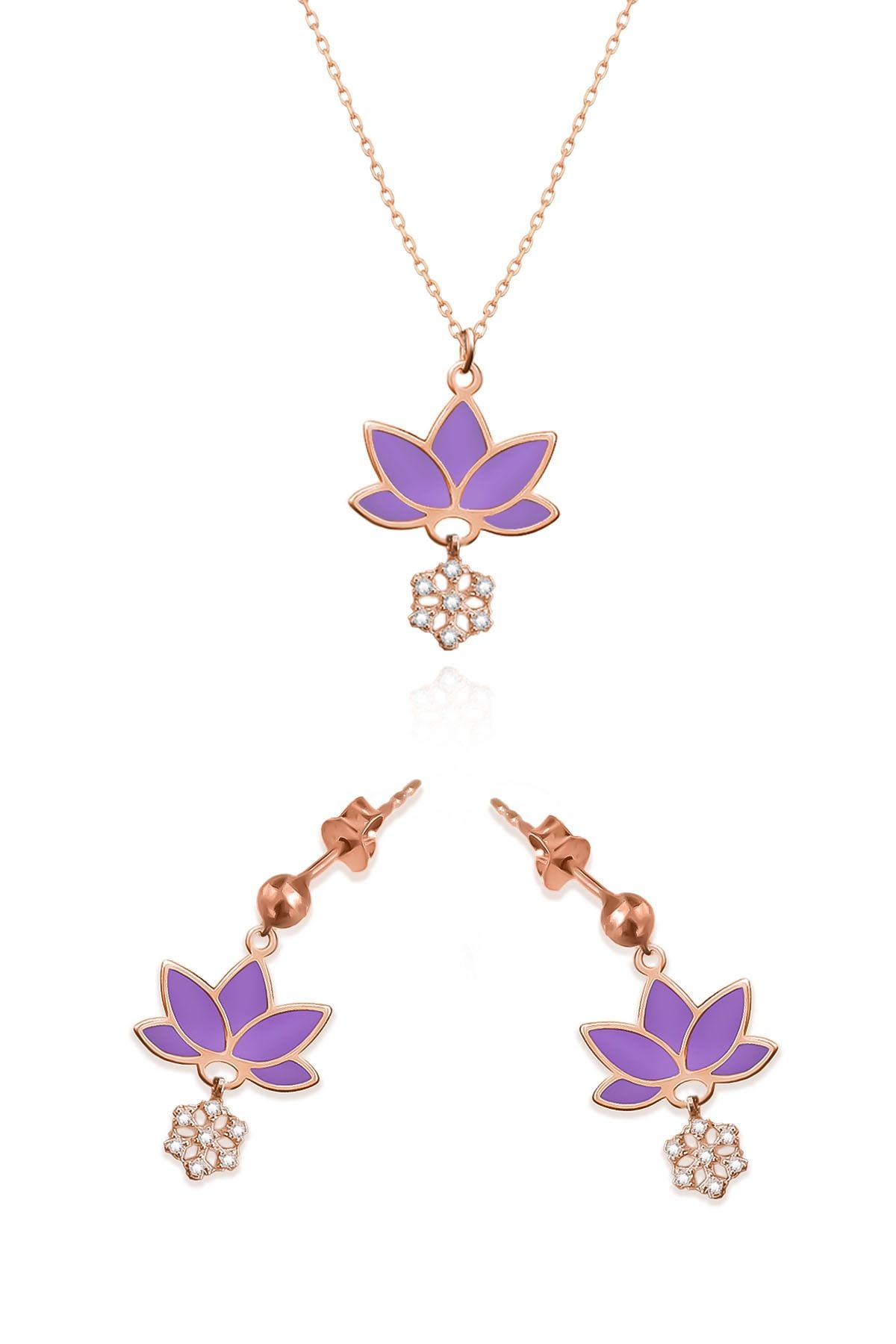 925 Ayar Gümüş Rose Kaplama Parlayan Rüya Serisi Tasarım Ebruli Mor Cam Boyalı Lotus Set