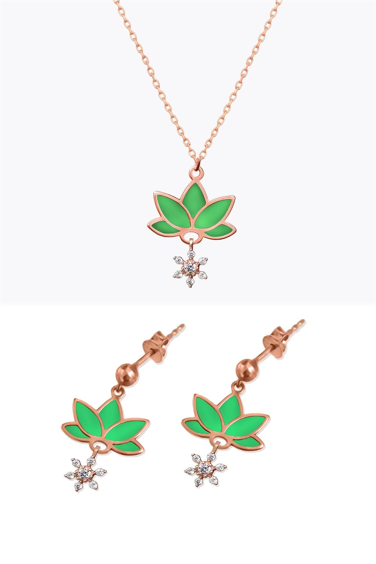 925 Ayar Gümüş Rose Kaplama Parlayan Rüya Serisi Tasarım Ebruli Yeşil Cam Boyalı Lotus Set