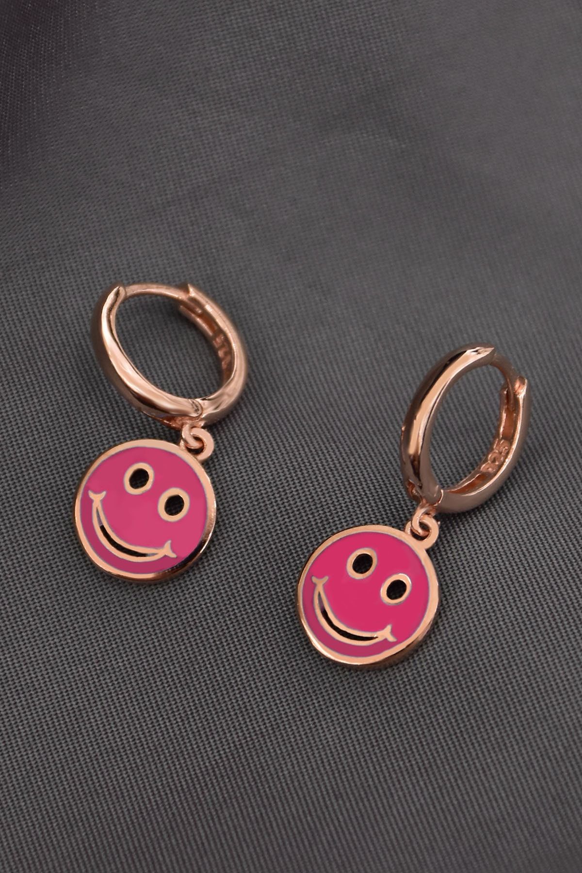 925 Ayar Gümüş Rose Kaplama Pembe Mineli Smile Halka Küpe