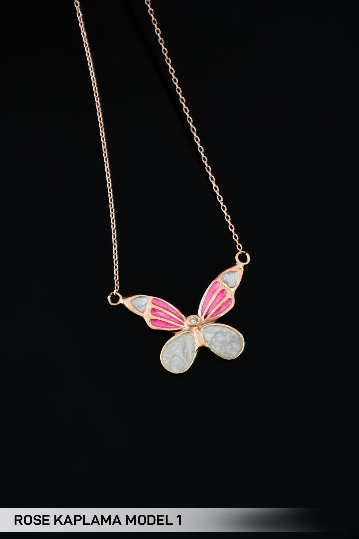 925 Ayar Gümüş Rose Kaplama Pembe Sedef Mineli Kelebek Kolye Model 1