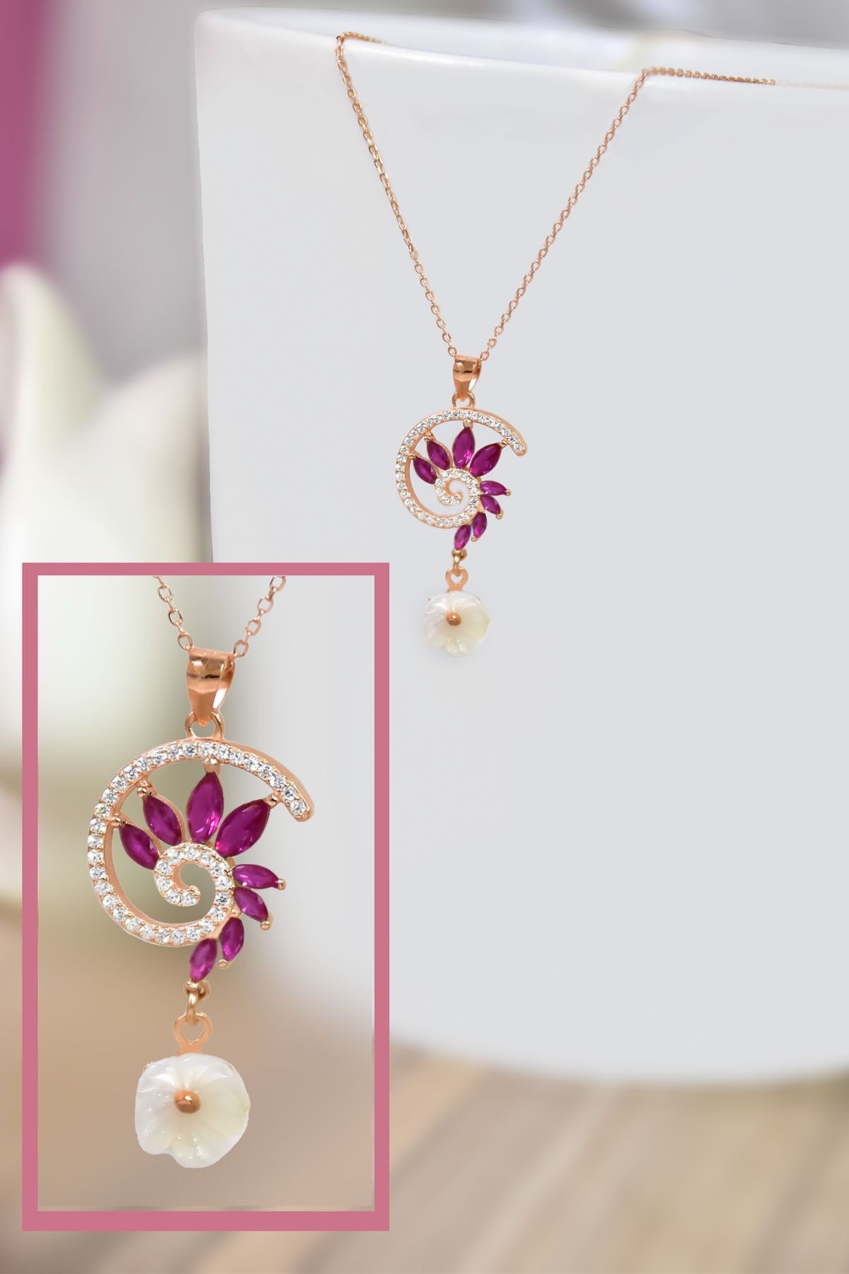 925 Ayar Gümüş Rose Kaplama Pembe Taşlı Tasarım Sedef Manolya Çiçeği Kolye