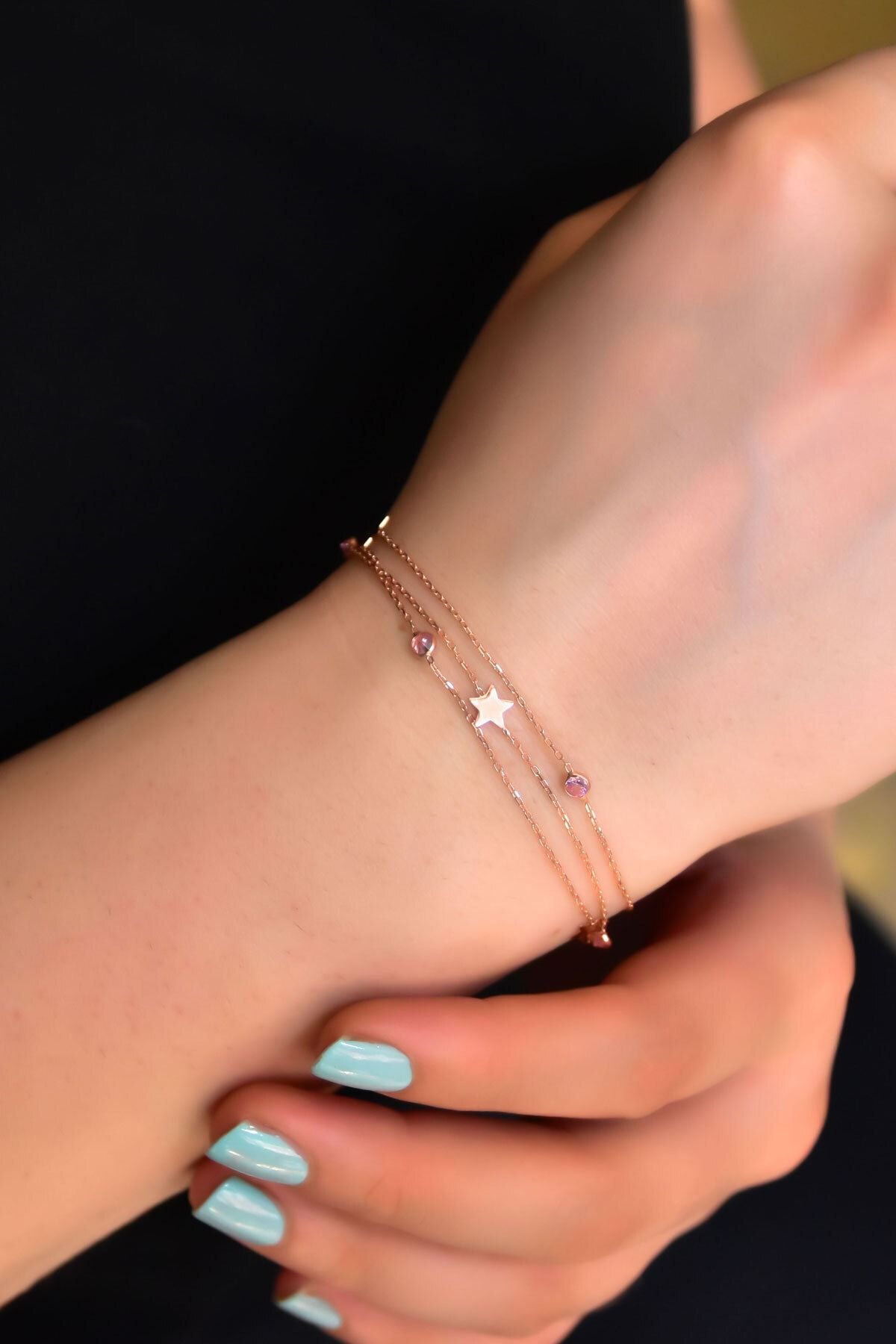 925 Ayar Gümüş Rose Kaplama Pembe Taşlı Yıldız Zincir Bileklik