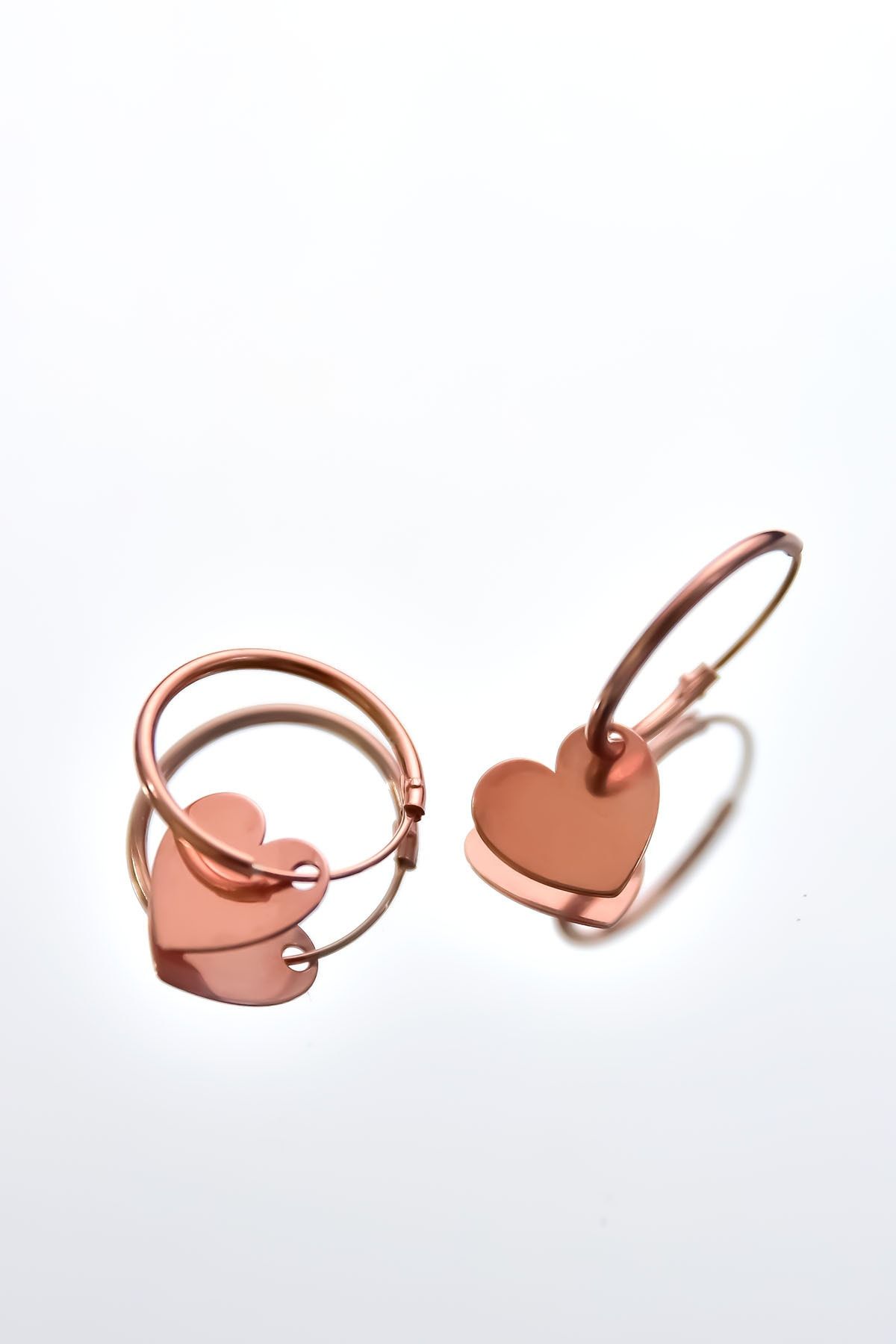 925 Ayar Gümüş Rose Kaplama Plaka Kalp Figürlü Halka Küpe