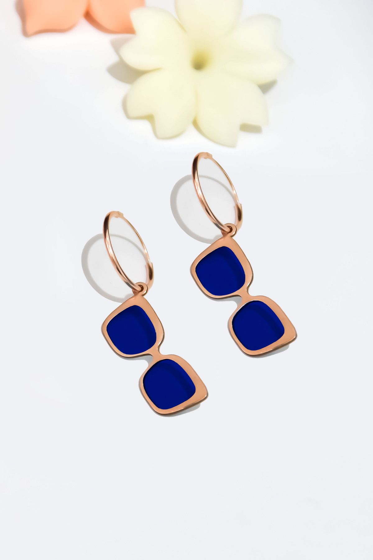 925 Ayar Gümüş Rose Kaplama Rüya Serisi, Lacivert Mineli Vintage Kare Gözlük Küpe