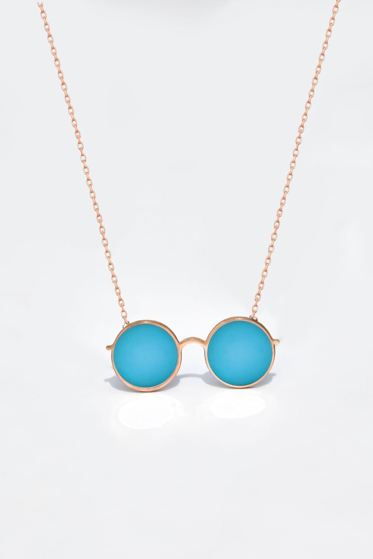 925 Ayar Gümüş Rose Kaplama Rüya Serisi, Vintage Mavi Mineli Yuvarlak Gözlük Kolye