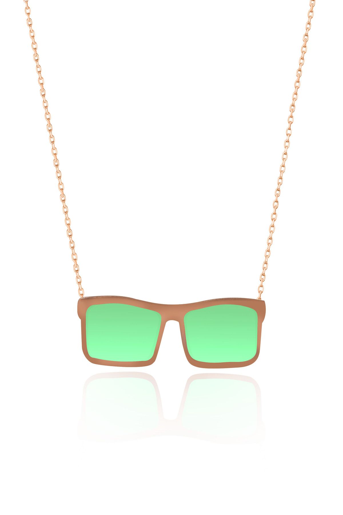 925 Ayar Gümüş Rose Kaplama Rüya Serisi, Yeşil Mineli Dikdörtgen Model Gözlük Kolye