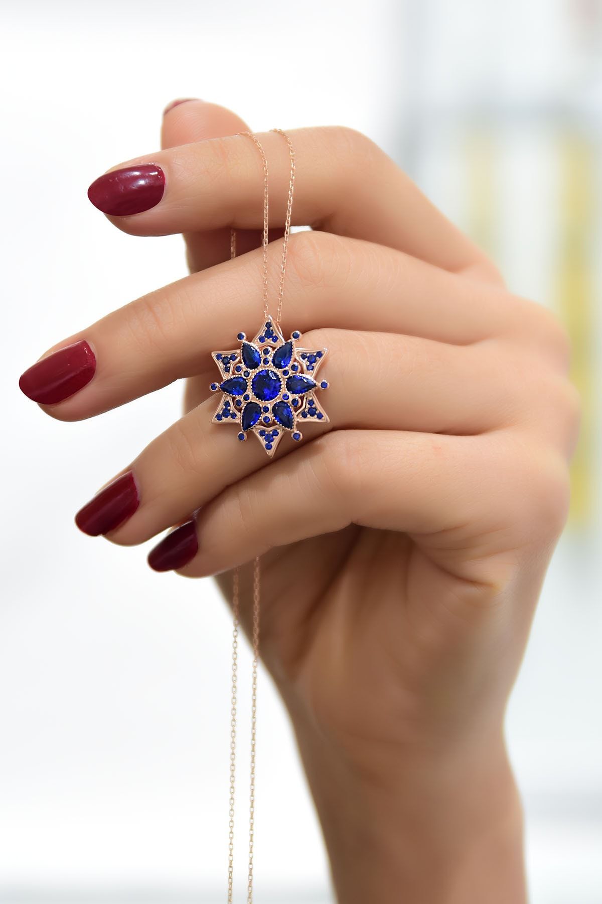 925 Ayar Gümüş Rose Kaplama Safir Kamelya Çiçeği Kolye