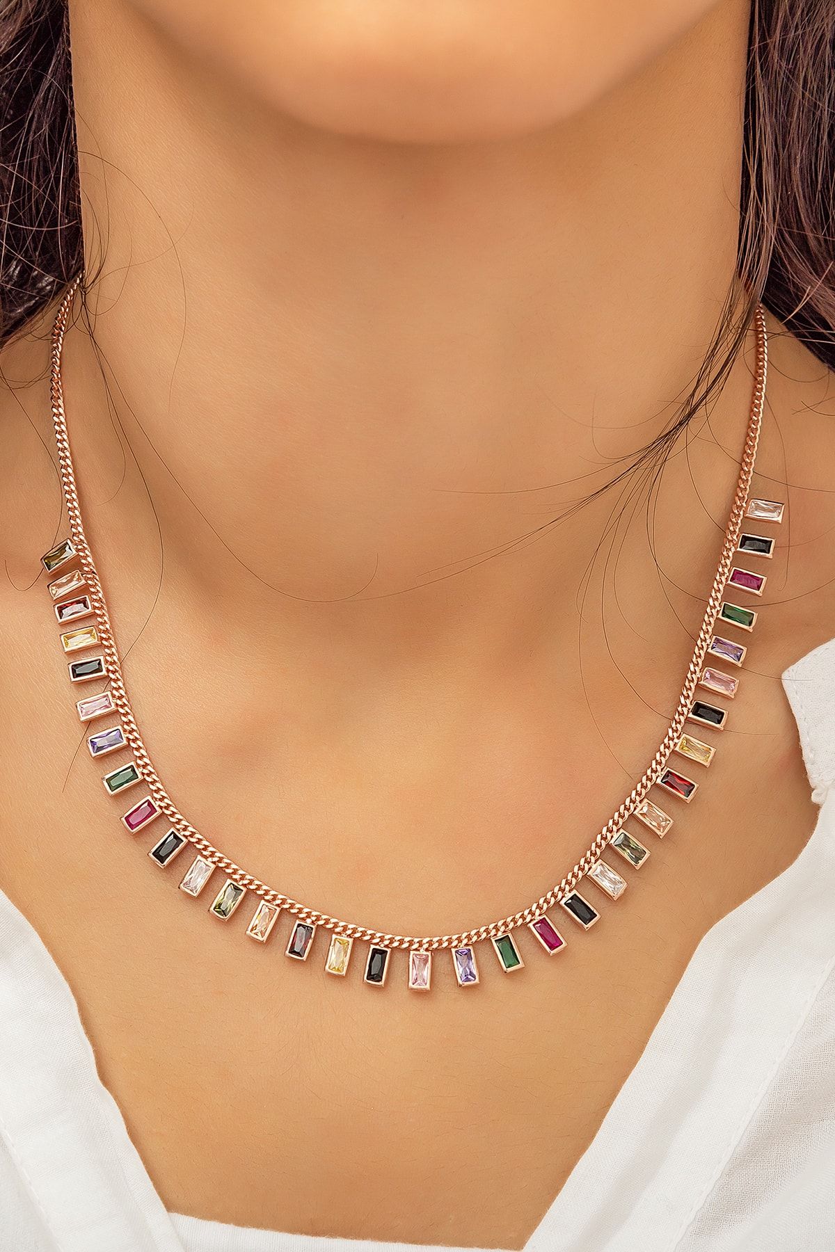 925 Ayar Gümüş Rose Kaplama Sallantılı Dikdörtgen Mix Taşlı Tiffany Kolye