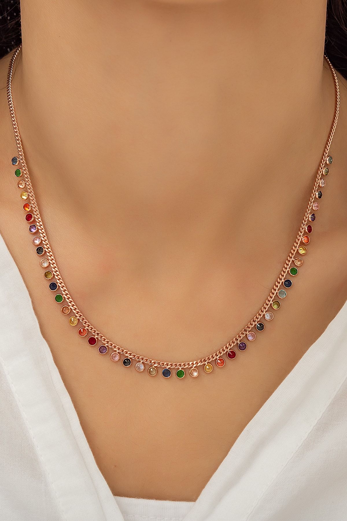 925 Ayar Gümüş Rose Kaplama Sallantılı Mix Taşlı Kolye