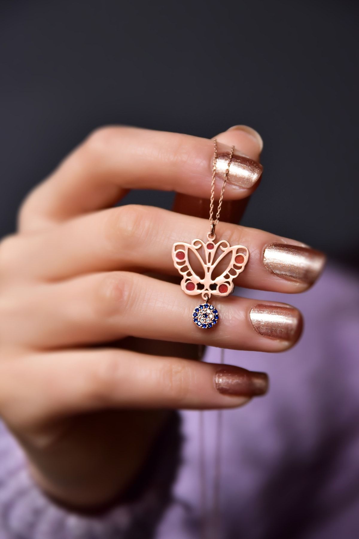 925 Ayar Gümüş Rose Kaplama Sallantılı Nazar Boncuğu , Mineli Kelebek Kolye