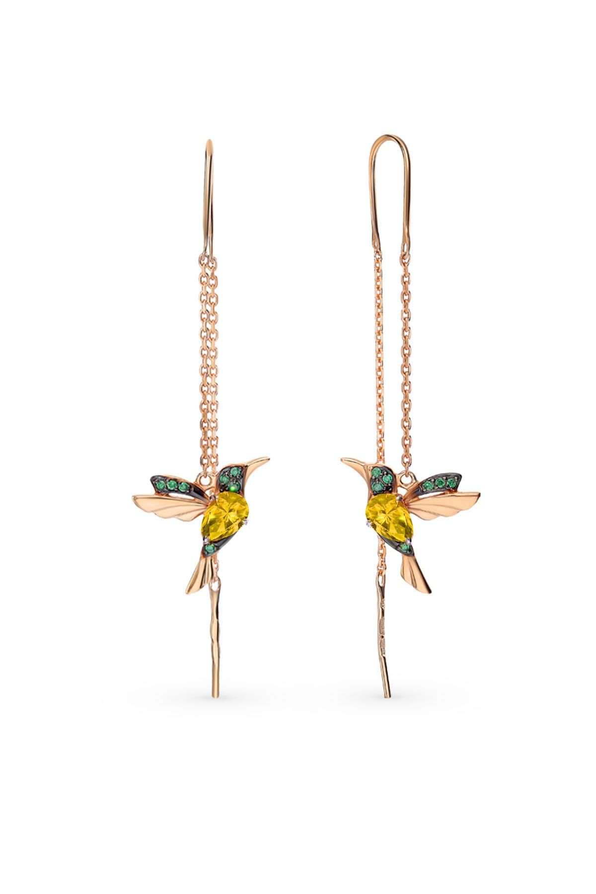 925 Ayar Gümüş Rose Kaplama Sarı Taşlı Sallantılı Kuş Küpe