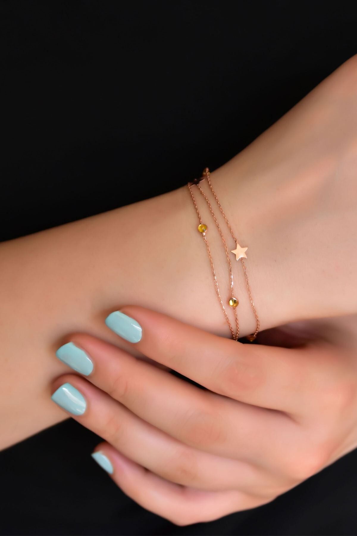 925 Ayar Gümüş Rose Kaplama Sarı Taşlı Yıldız Zincir Bileklik