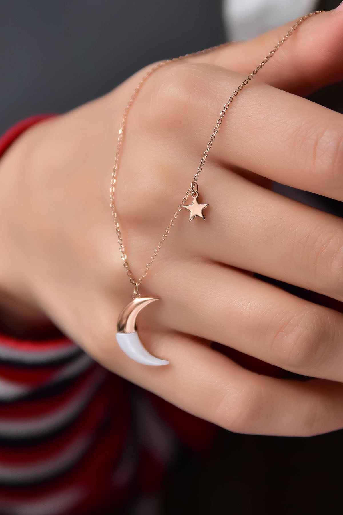 925 Ayar Gümüş Rose Kaplama Sedef Ay Yıldız Kolye