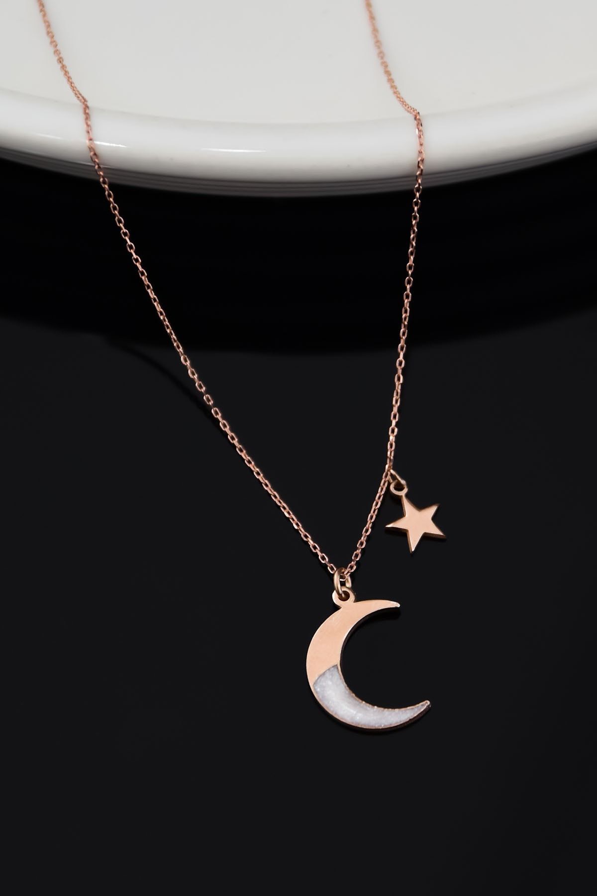 925 Ayar Gümüş Rose Kaplama Sedef Mineli Hilal Kadın Kolye