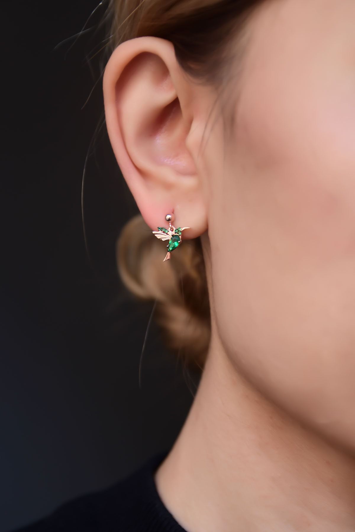 925 Ayar Gümüş Rose Kaplama Sevgi Kuşu Çivili Küpe Tekli