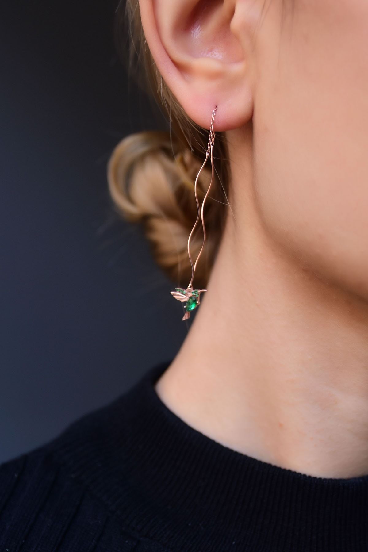 925 Ayar Gümüş Rose Kaplama Sevgi Kuşu Telli Küpe Tekli