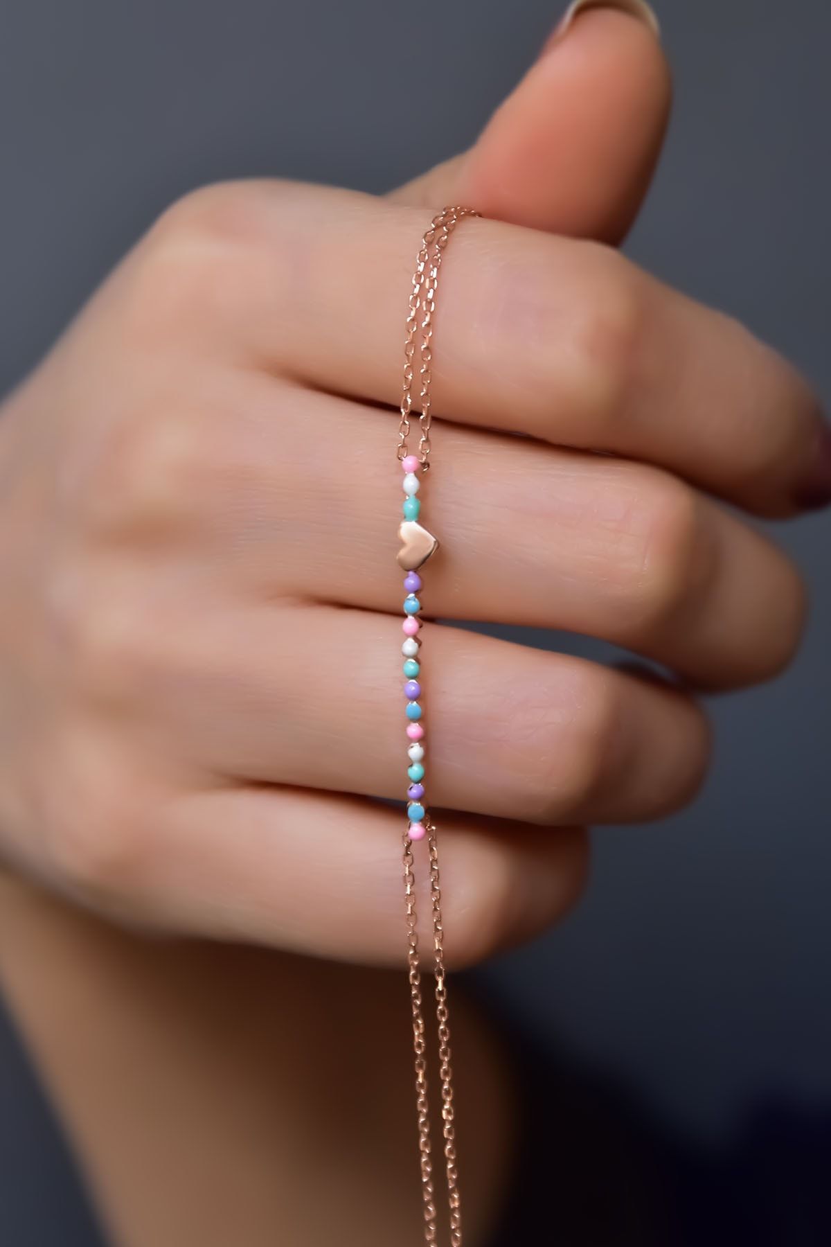 925 Ayar Gümüş Rose Kaplama Sıralı Renkli Mineli, Kalp Bileklik