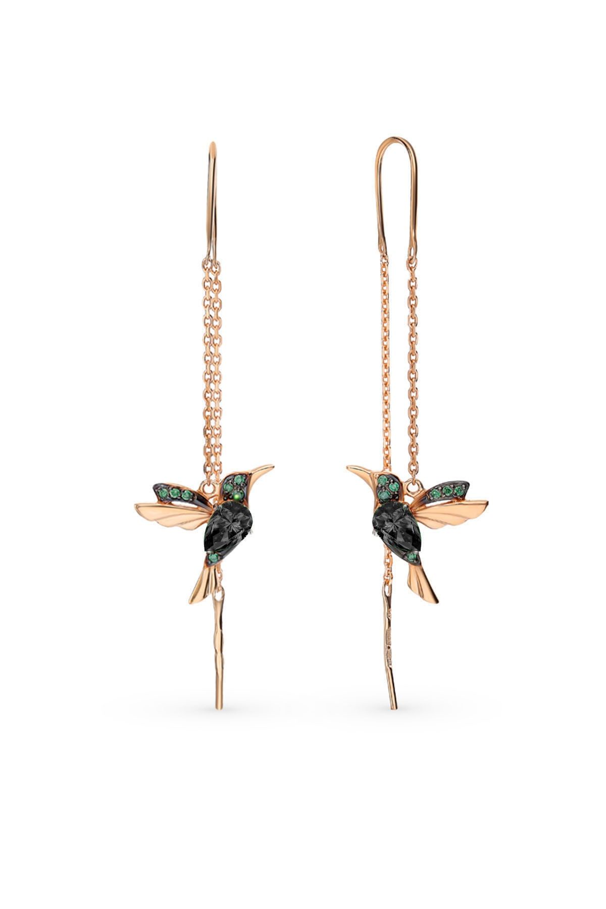 925 Ayar Gümüş Rose Kaplama Siyah Taşlı Sallantılı Kuş Küpe