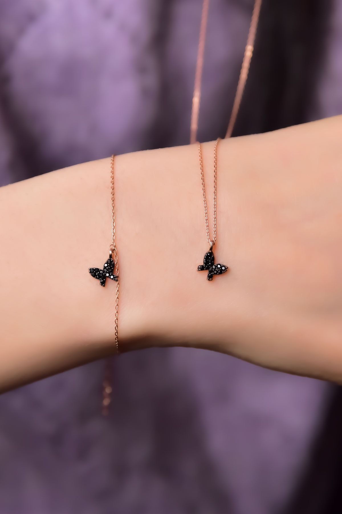 925 Ayar Gümüş Rose Kaplama Siyah Zirkon Taşlı Mini Kelebek Kolye Ve Bileklik Set