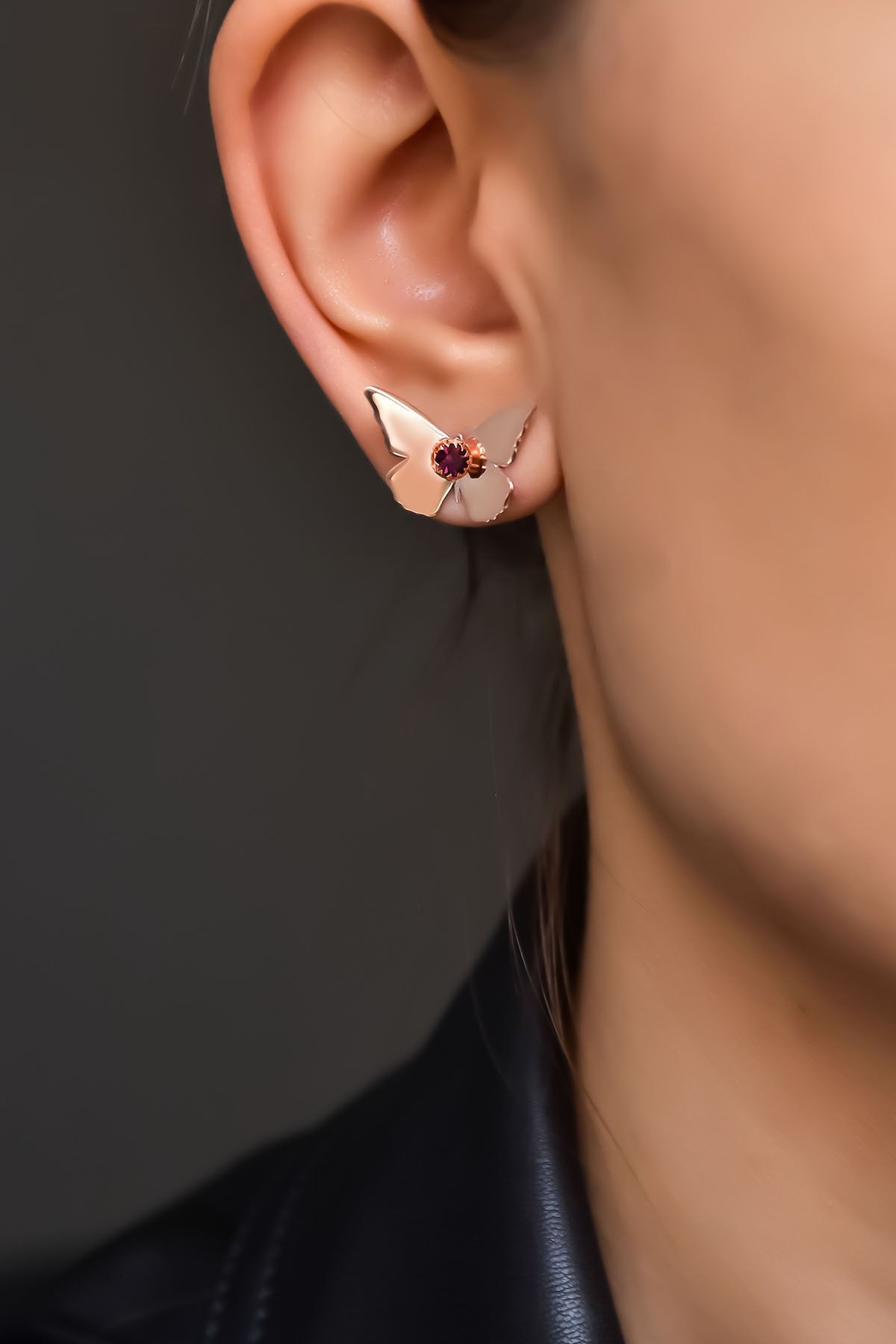 925 Ayar Gümüş Rose Kaplama Şubat Ayı Doğum Taşlı Kelebek Küpe