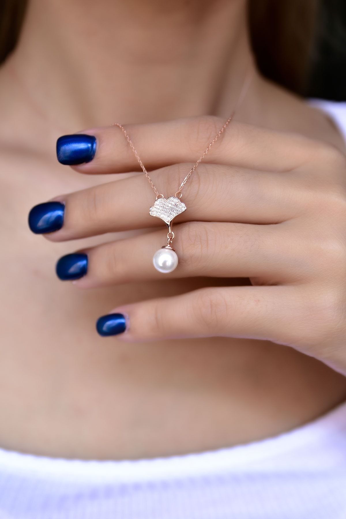 925 Ayar Gümüş Taşlı Ağaç Inci Kadın Kolye.rose.gold.rodaj