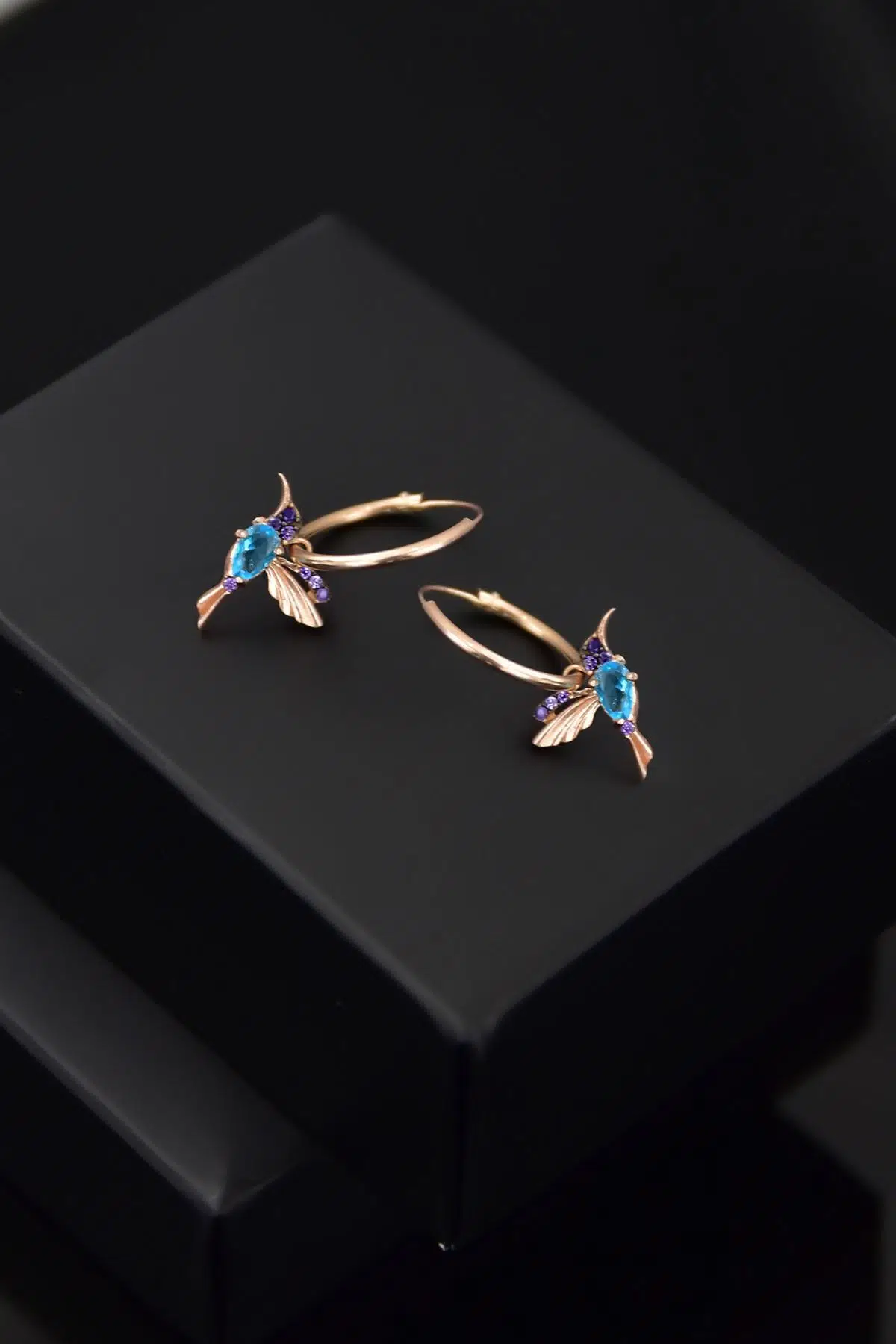 925 Ayar Gümüş Rose Kaplama Taşlı Halka Kuş Küpe