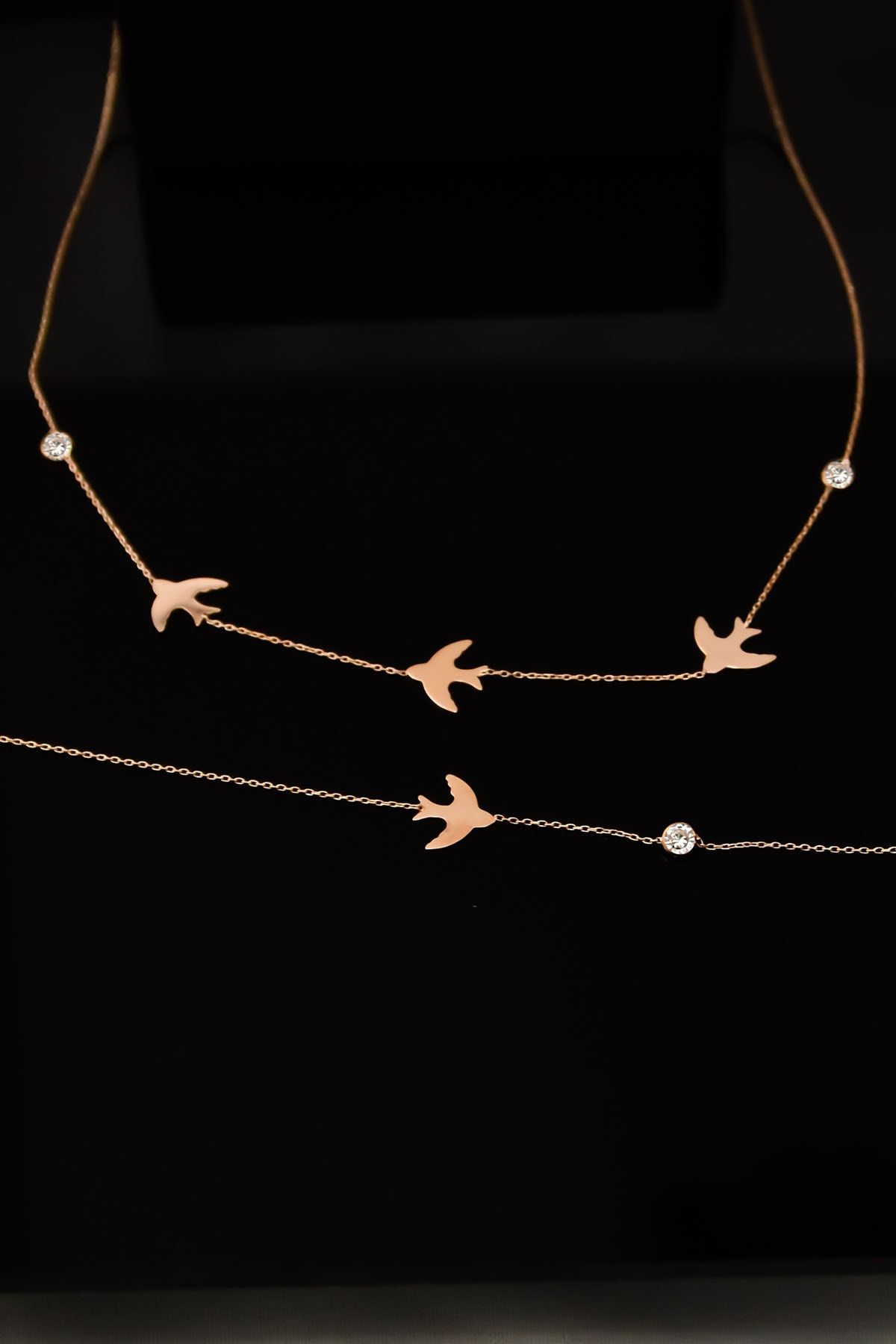 925 Ayar Gümüş Rose Kaplama Taşlı Kırlangıç Kolye Bileklik Set